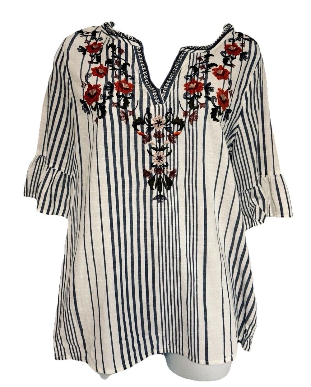 VTG Embroidered Floral Striped 3/4 Sleeves 100% Cotton Blouse Westport Women's M